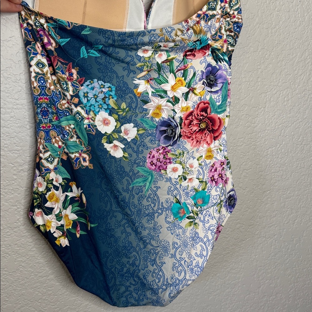Johnny Was Blue Sady Twist-Front One Piece Swimsuit V Neck Halter 3X XL - Picture 6 of 9